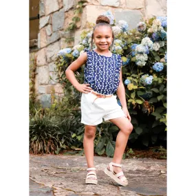 2pc Navy Floral Top/White Short Set