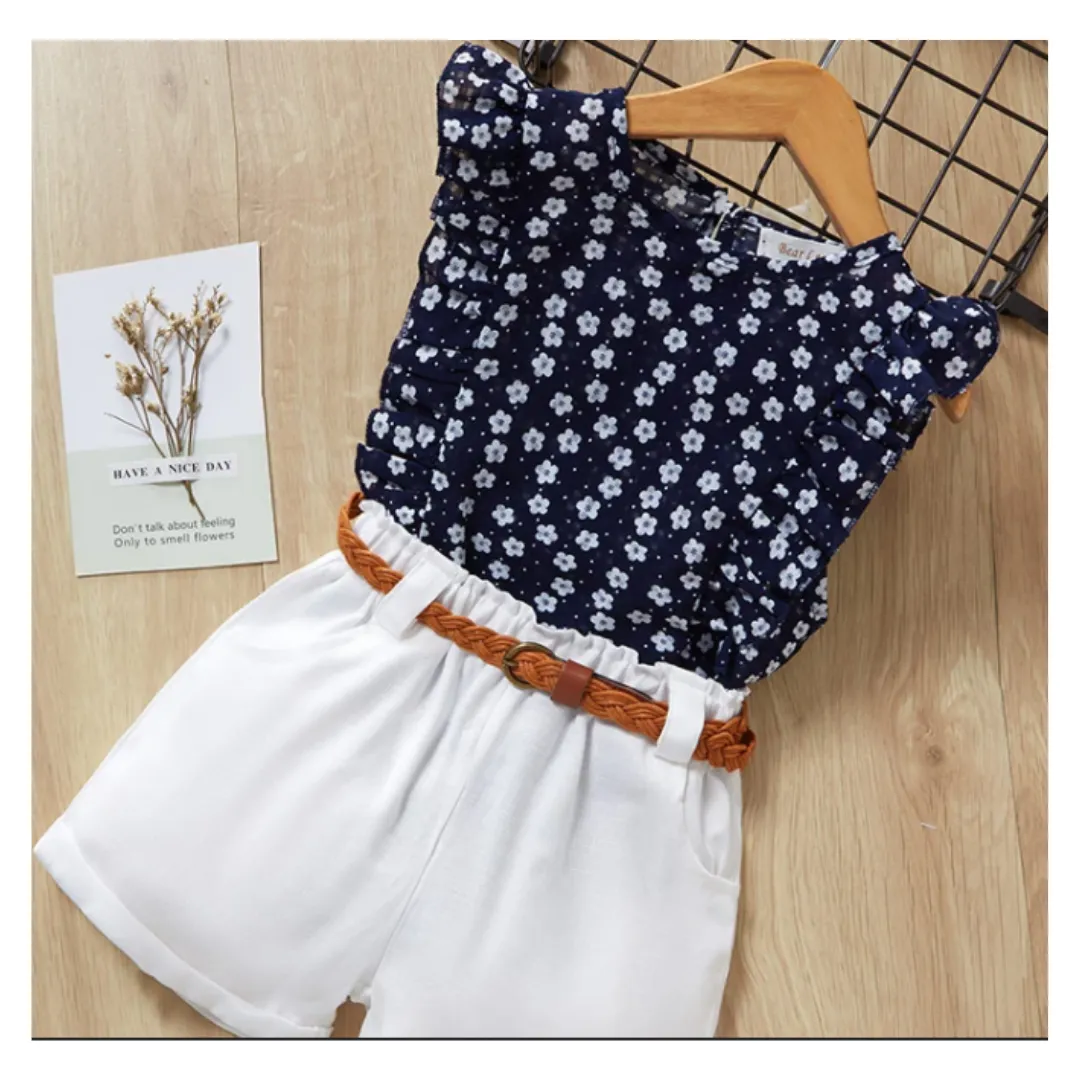 2pc Navy Floral Top/White Short Set