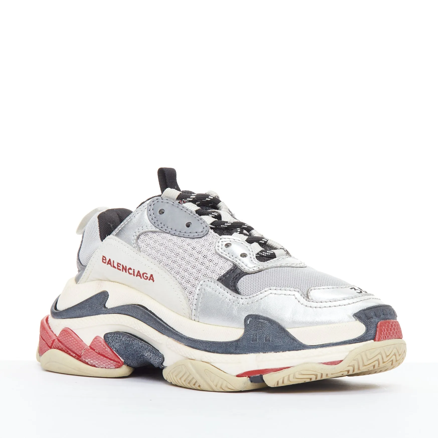 BALENCIAGA Triple S silver distressed stacked midsole chunky sneakers EU36