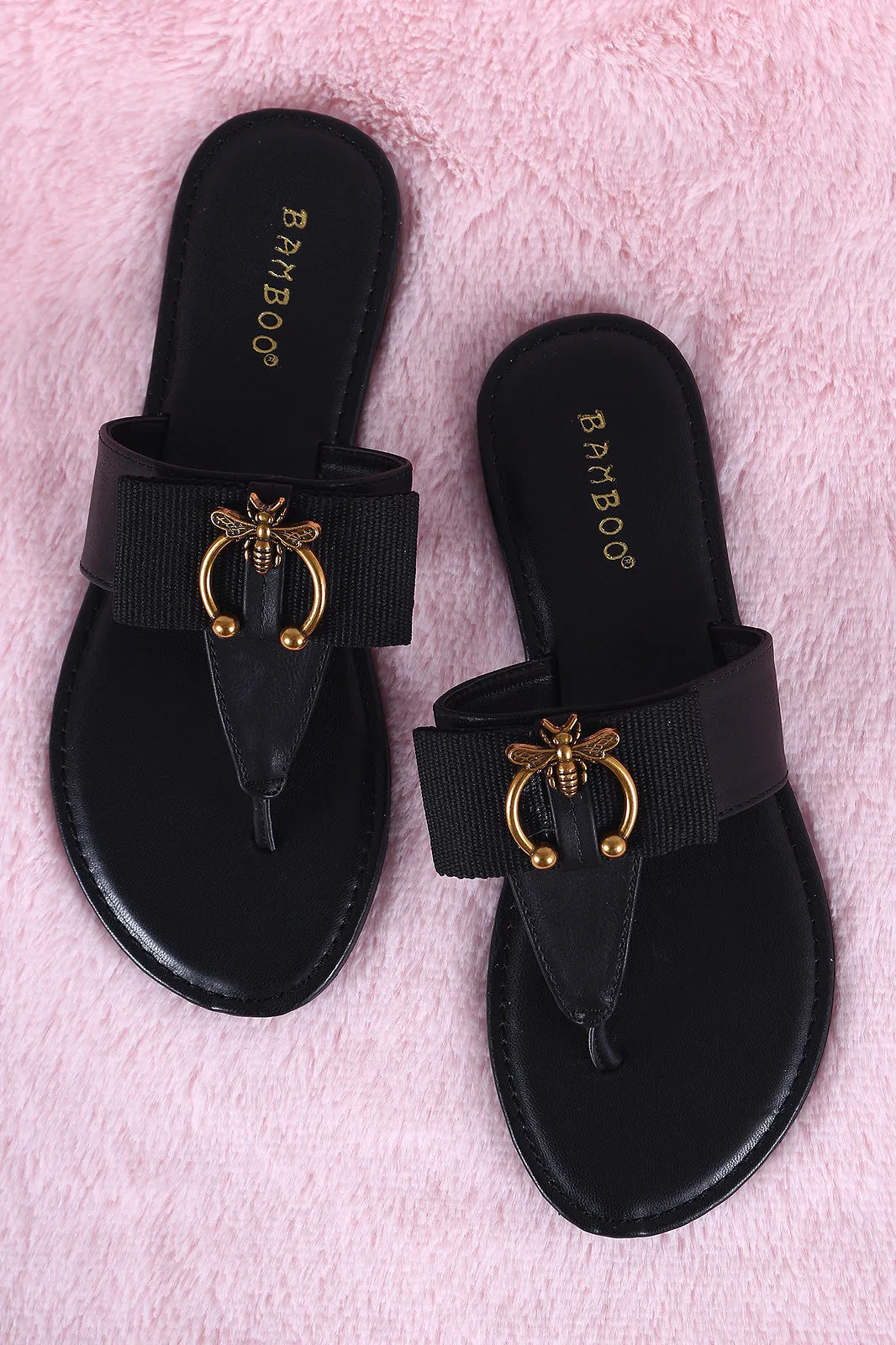 Bamboo Bow And Bee Ornament T-Strap Thong Flat Sandal