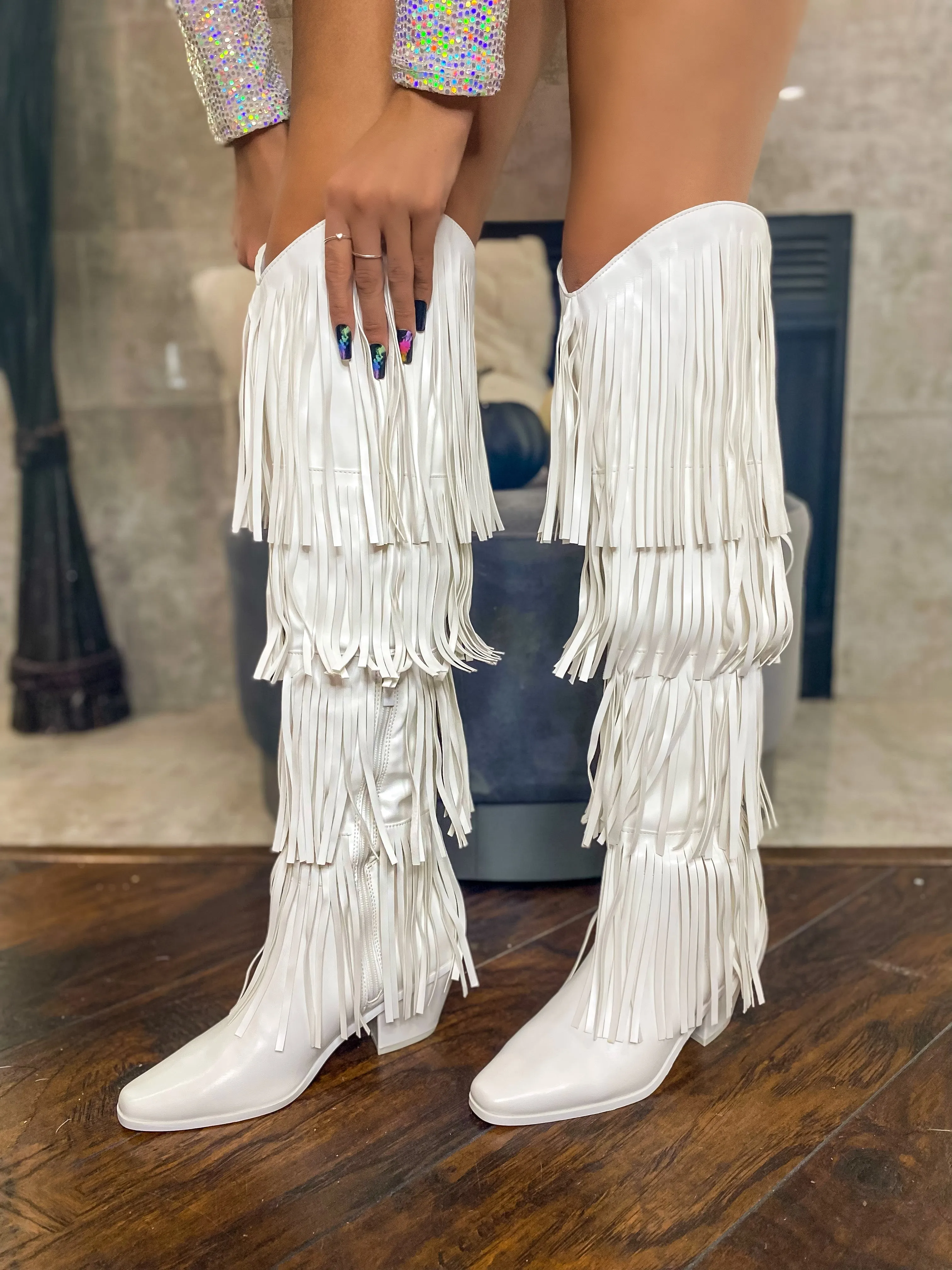 Beau Fringe Over The Knee Boots - White