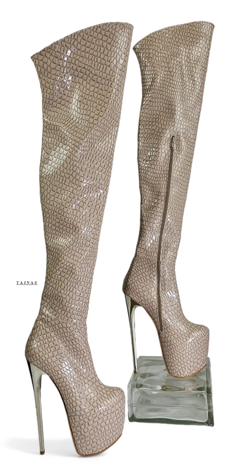 Beige Croco Print Over The Knee High Heel Boots