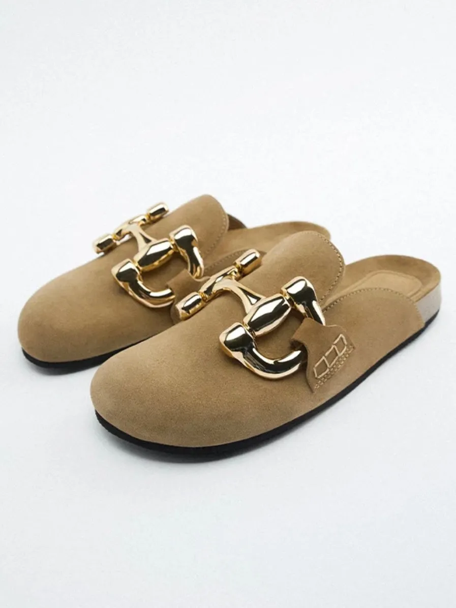 Beige suede slides and gold metallic detail round toe flats shoes