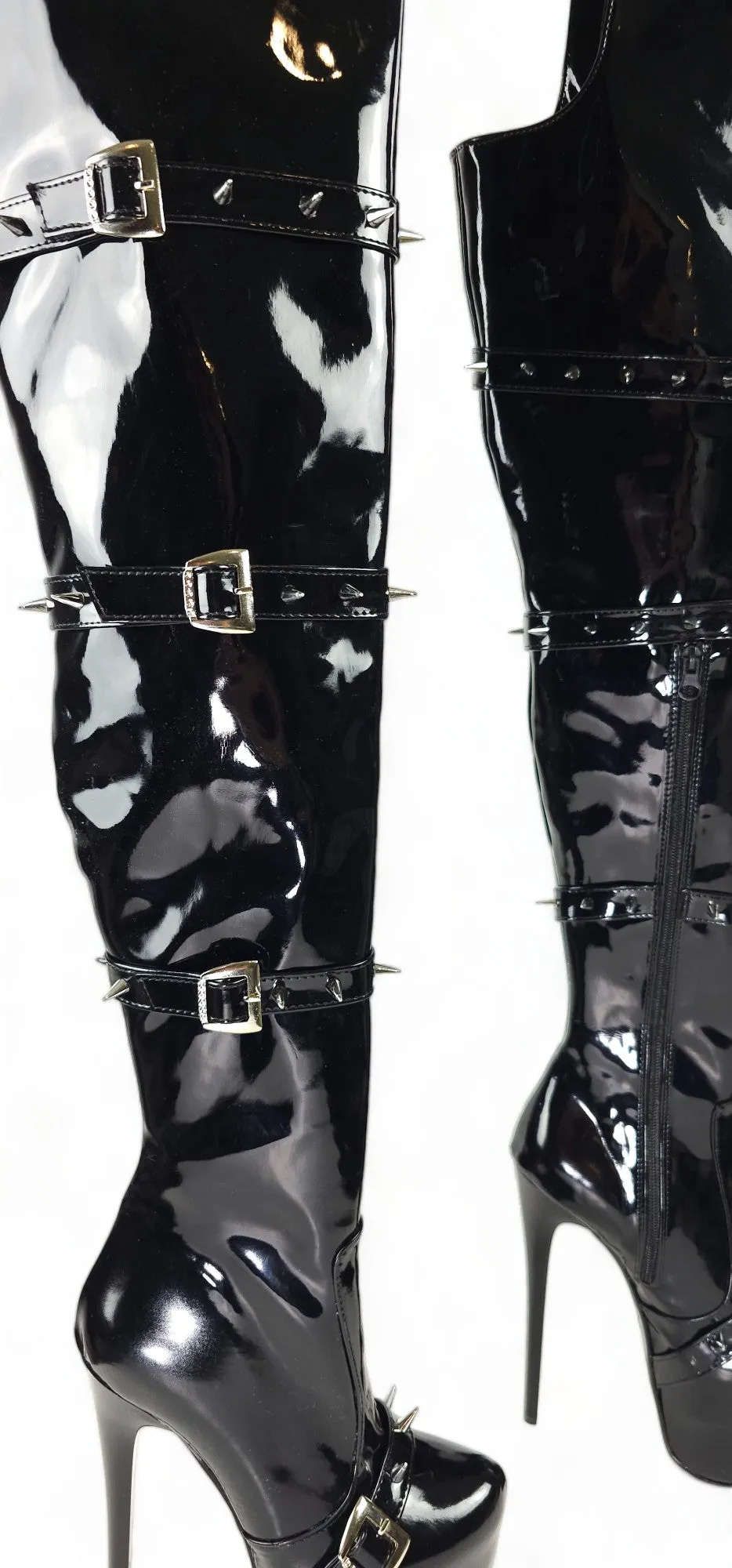 Black Gloss Spike Belted Thigh High Platform Boots