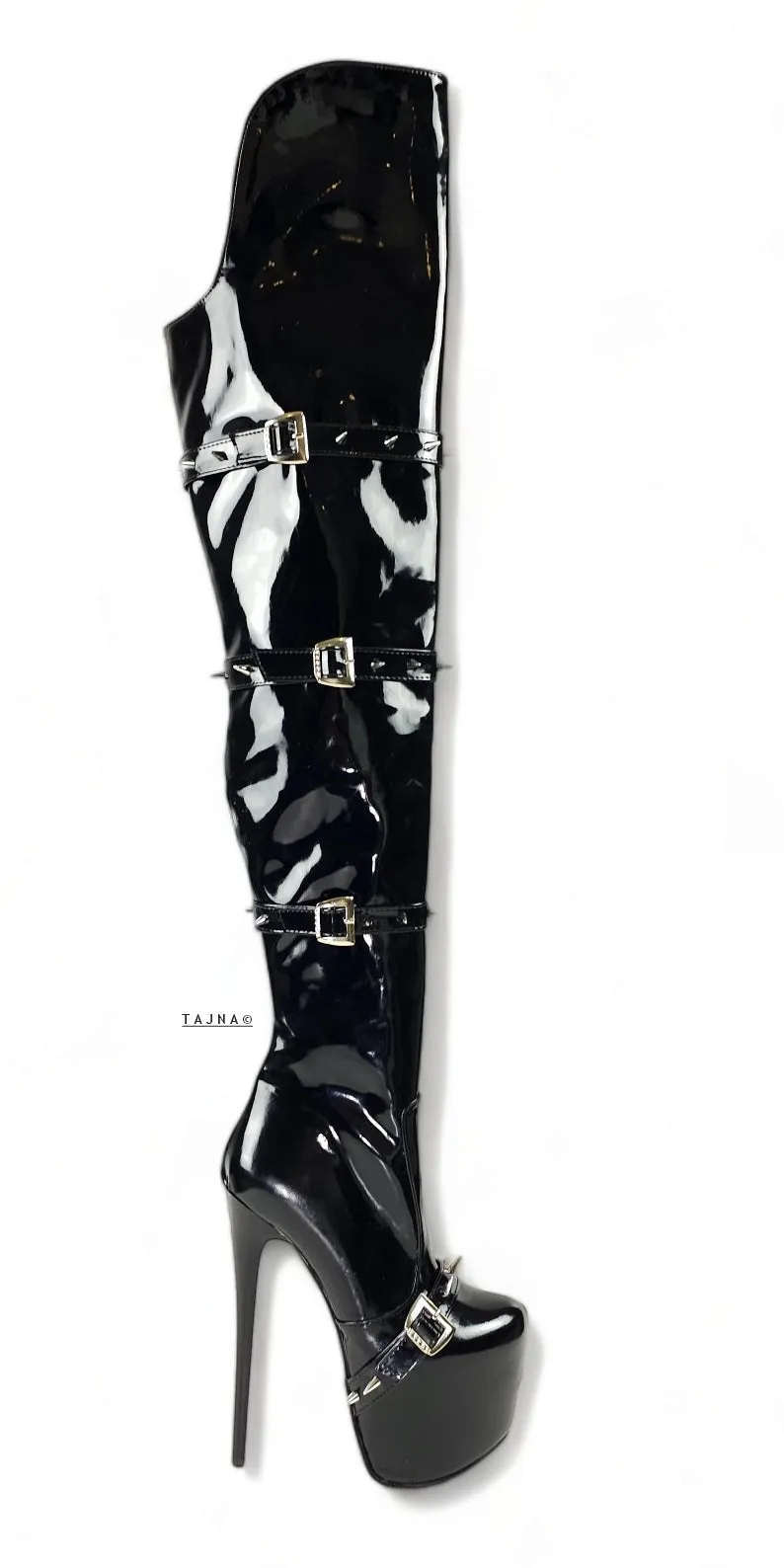 Black Gloss Spike Belted Thigh High Platform Boots