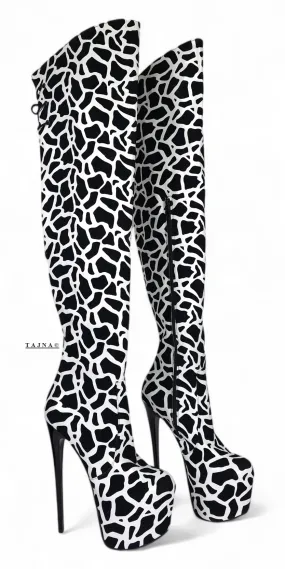 Black White Leopard Over The Knee Boots