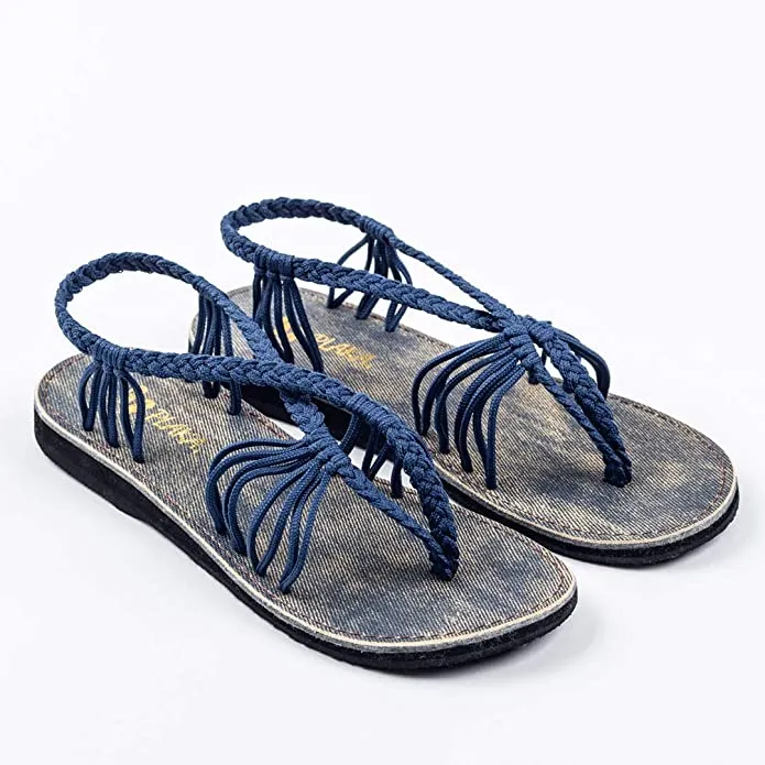 Boho Navy Blue Handwoven Braided Flat Sandals