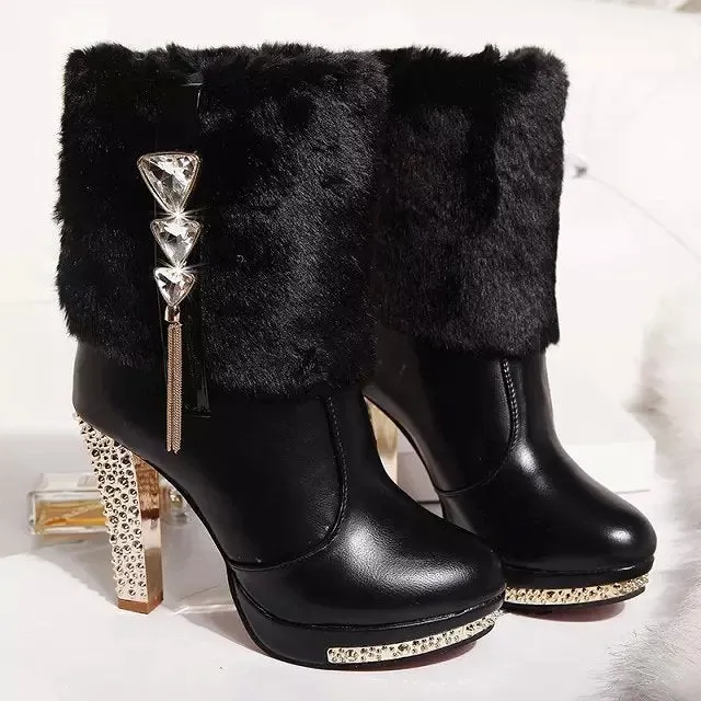 Bold Lady Chunky High Heel Faux Fur Ankle Boots