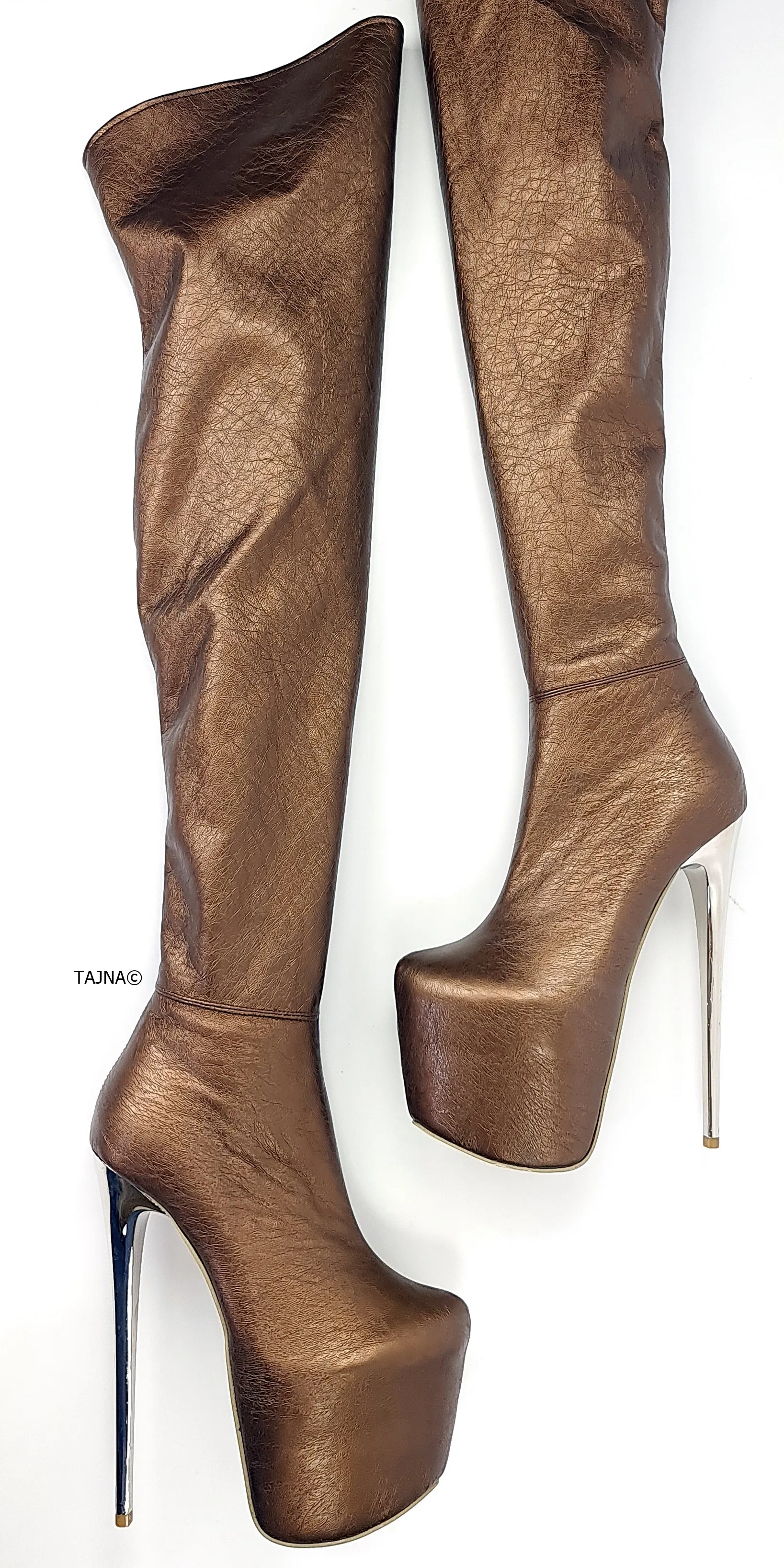 Bronze Stretch Thigh High Metallic Heel Boots