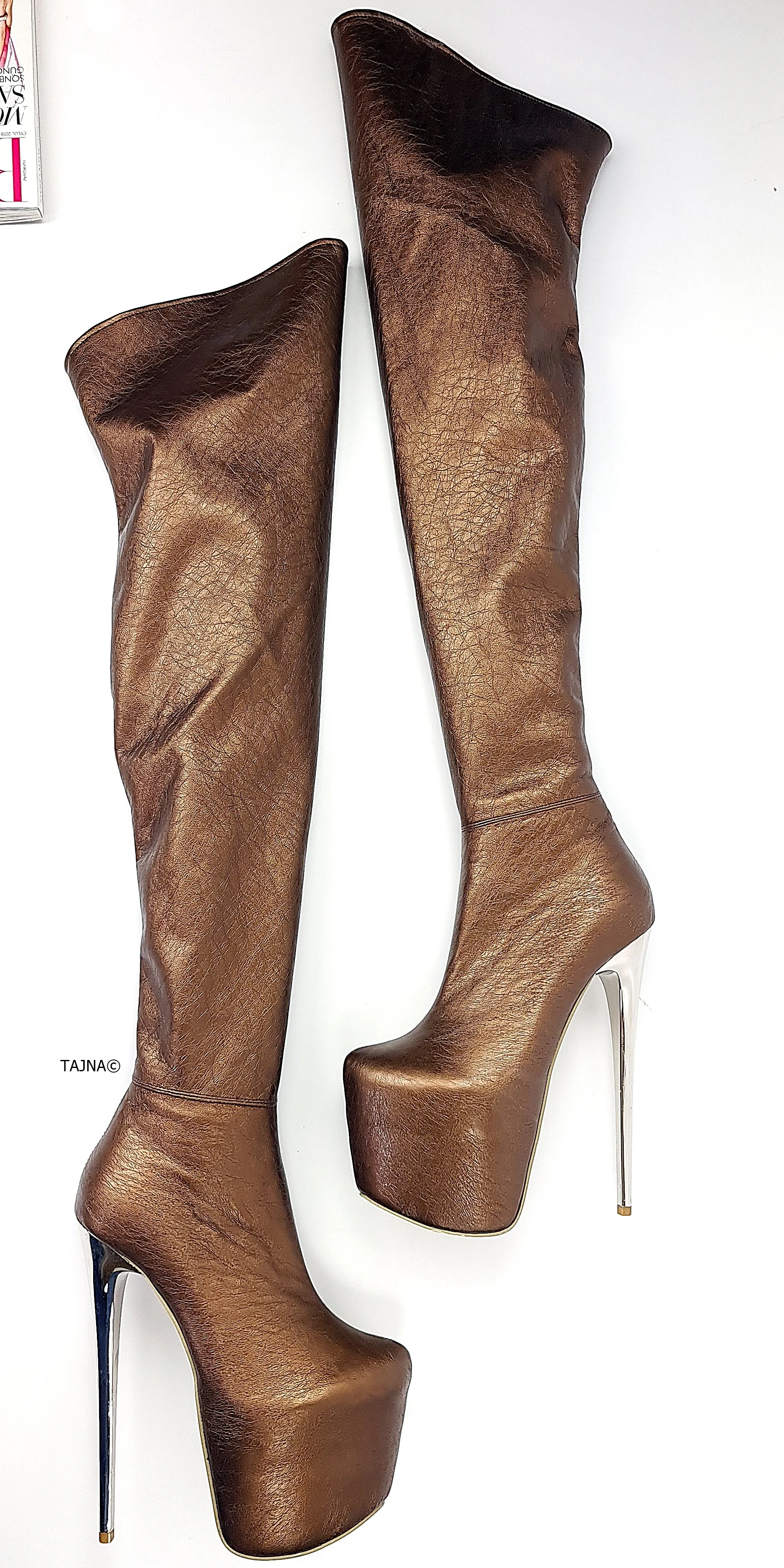 Bronze Stretch Thigh High Metallic Heel Boots