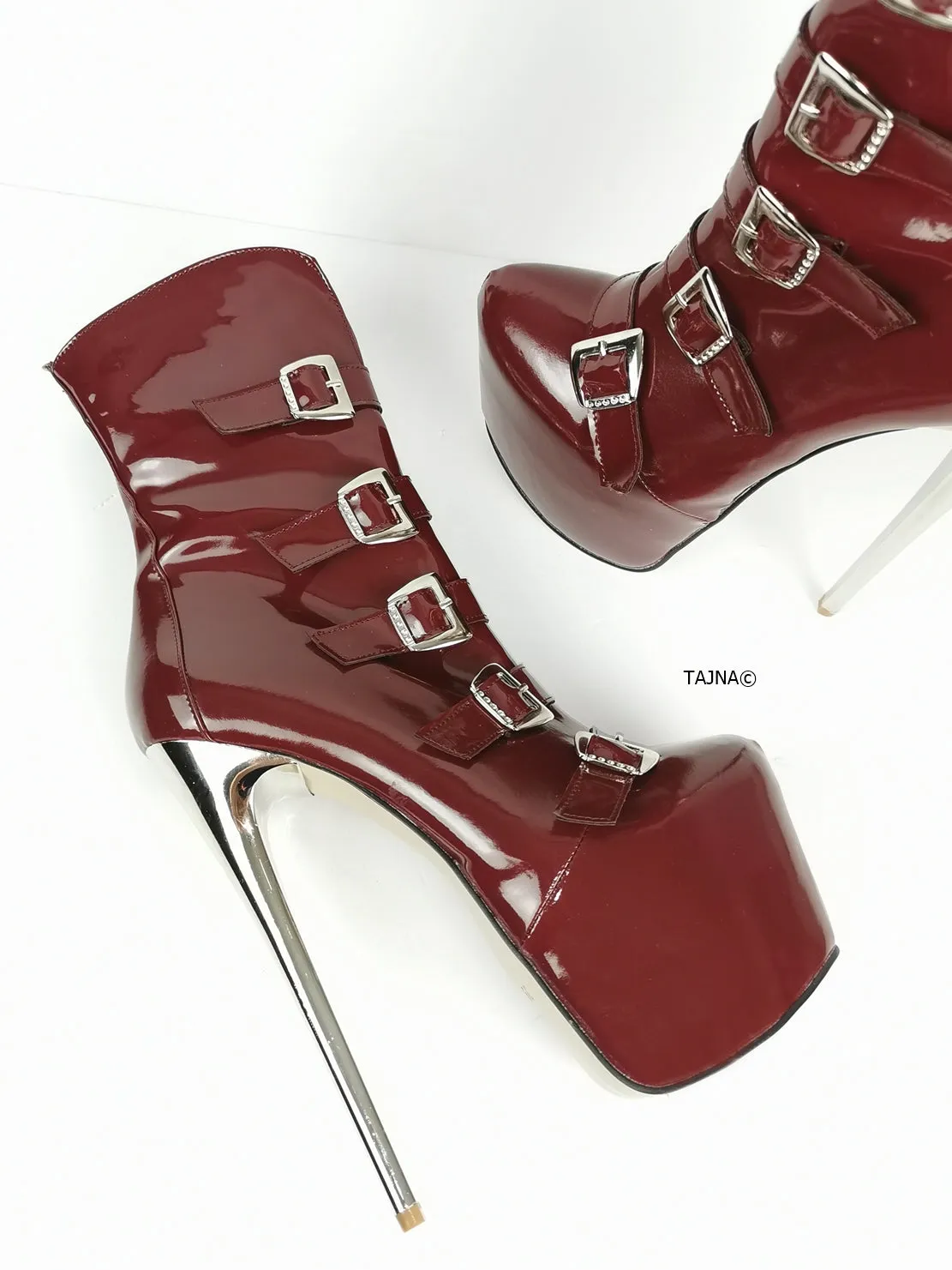 Burgundy Patent Multi Belted Platform Boots