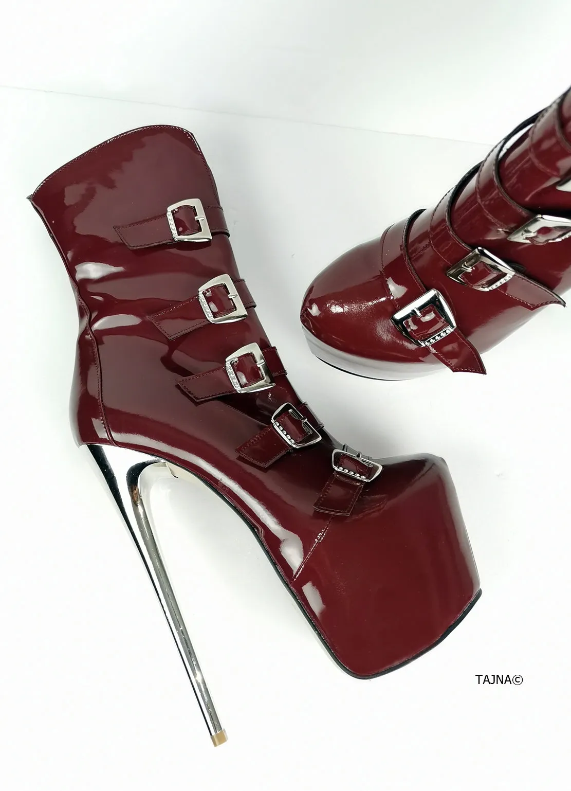 Burgundy Patent Multi Belted Platform Boots