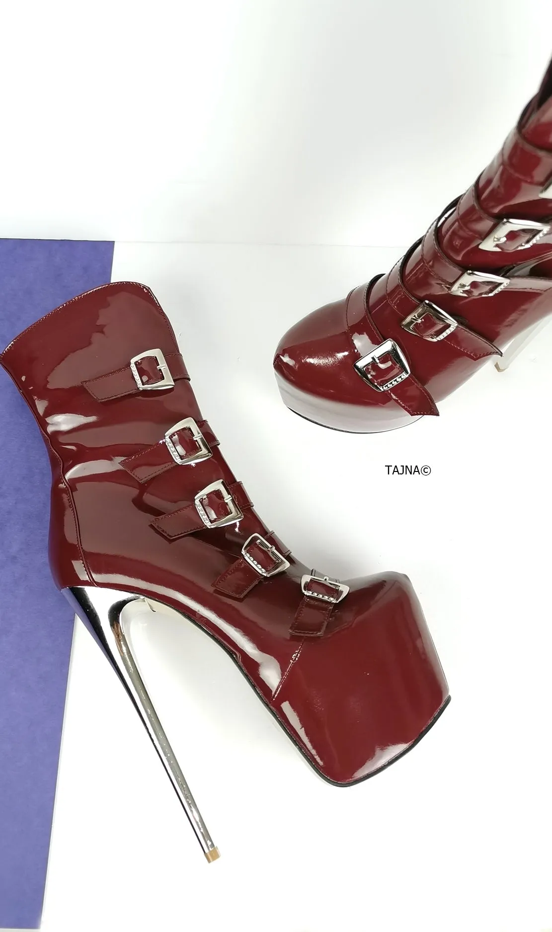 Burgundy Patent Multi Belted Platform Boots