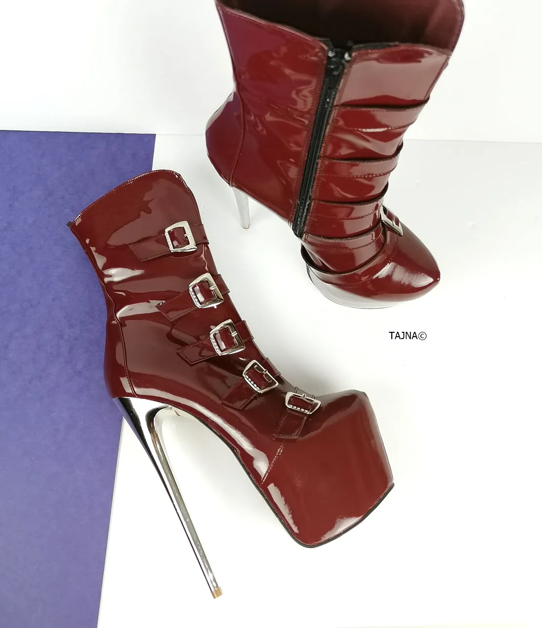 Burgundy Patent Multi Belted Platform Boots