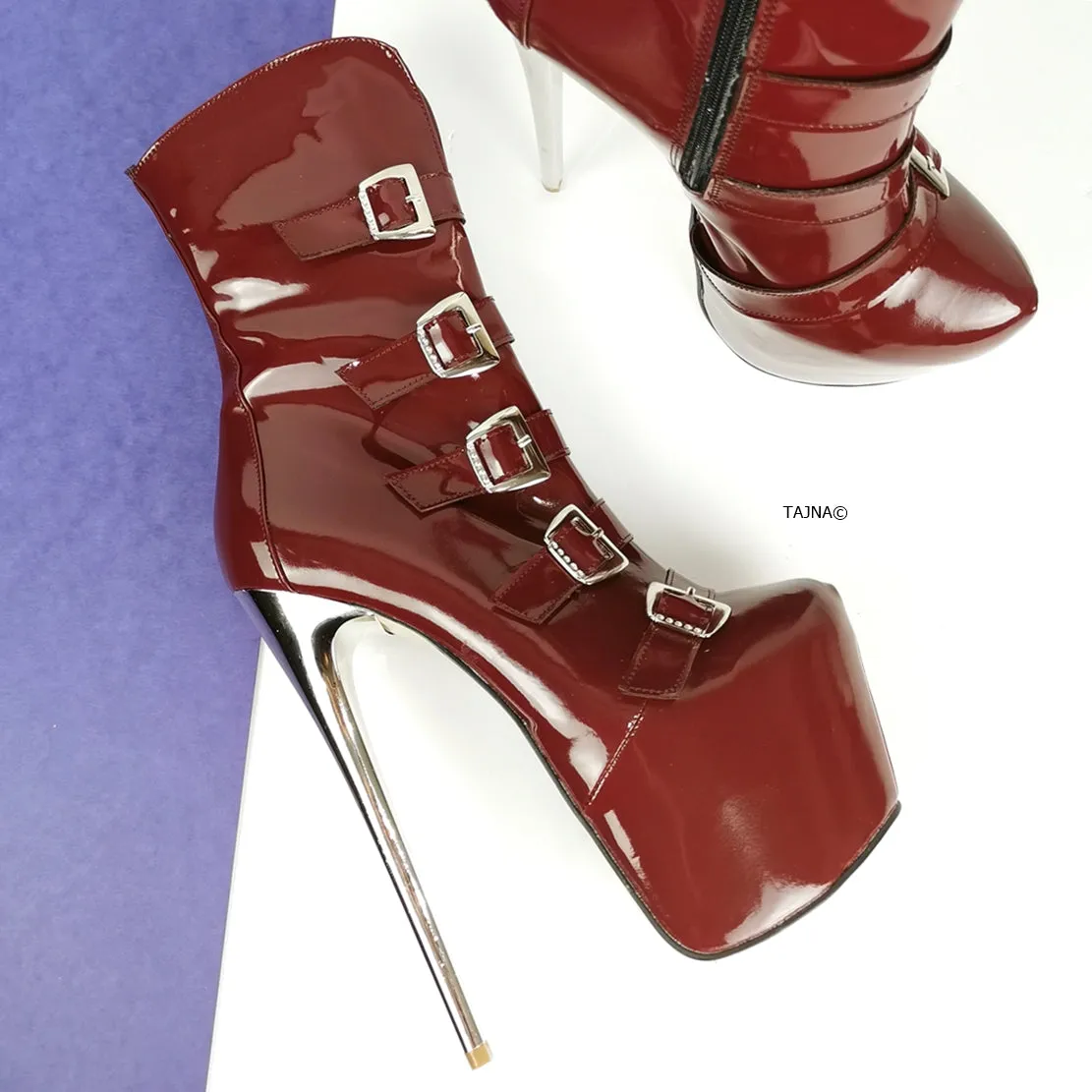 Burgundy Patent Multi Belted Platform Boots