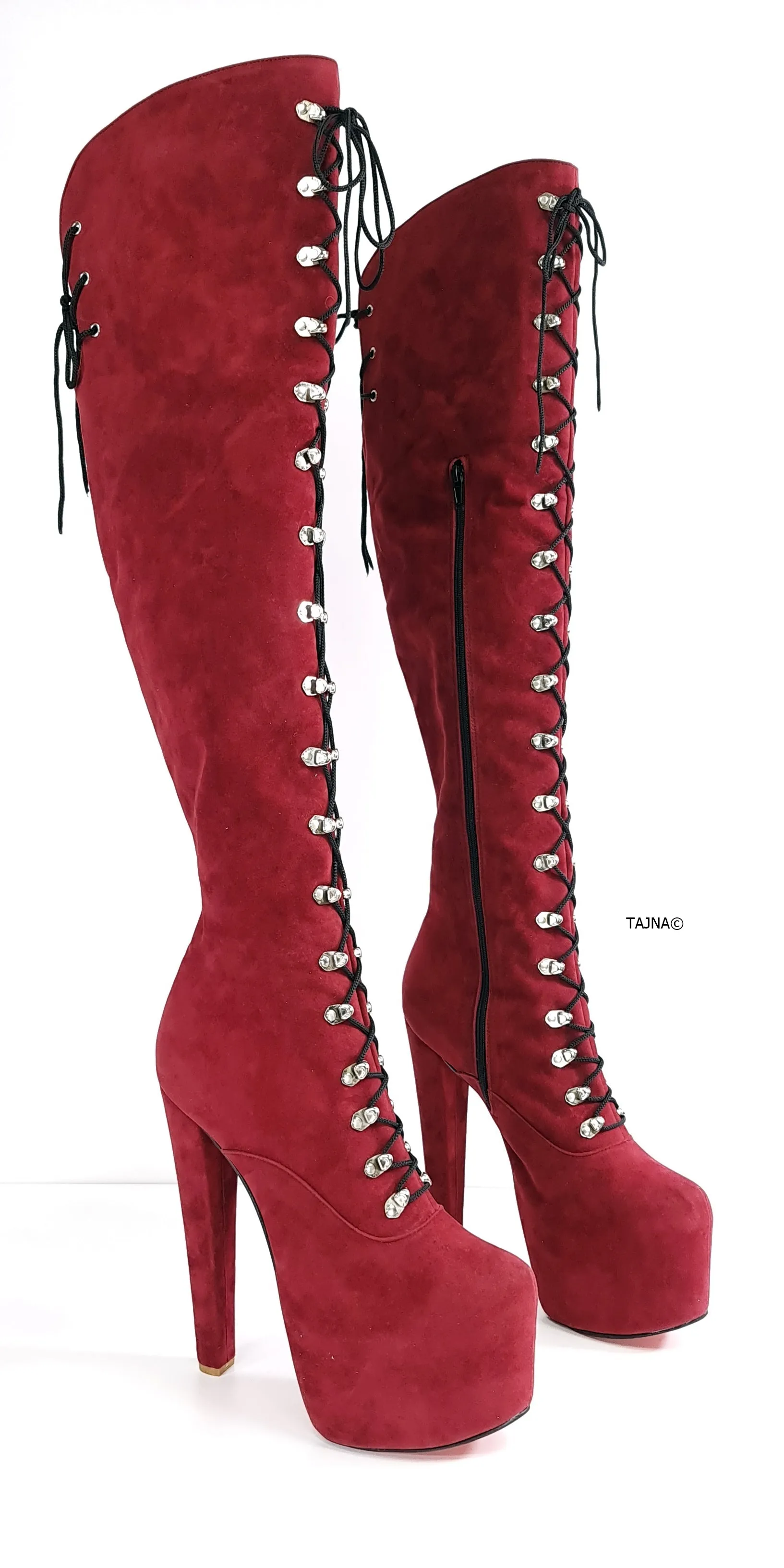 Burgundy Wine Military Style Over Knee Boots