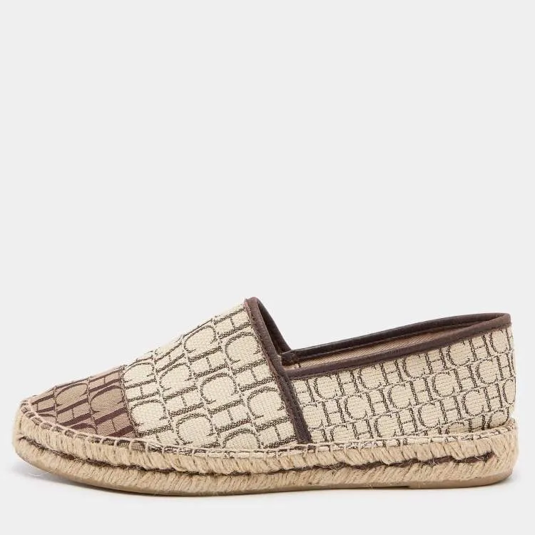 CAROLINA HERRERA CH MONOGRAM CANVAS & LEATHER ESPADRILLE FLATS