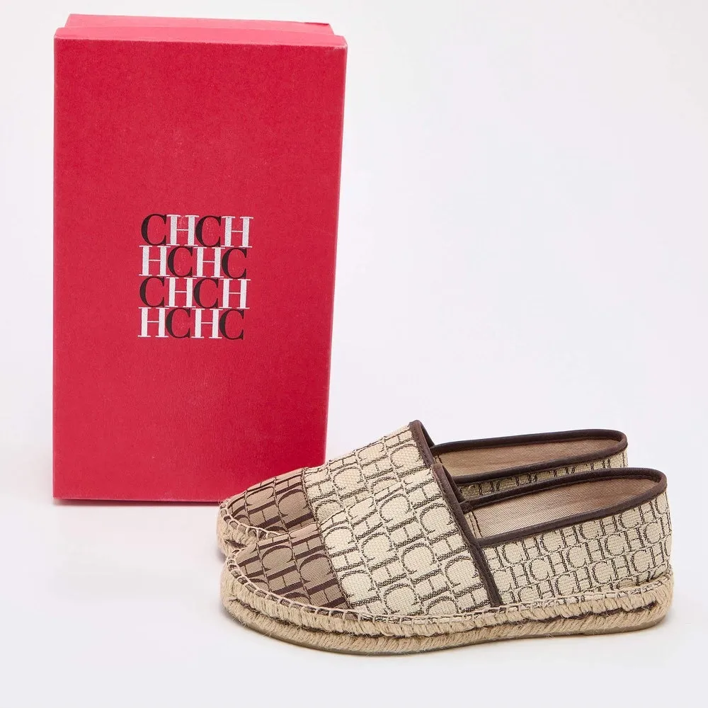 CAROLINA HERRERA CH MONOGRAM CANVAS & LEATHER ESPADRILLE FLATS