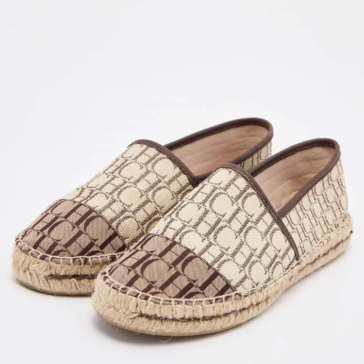 CAROLINA HERRERA CH MONOGRAM CANVAS & LEATHER ESPADRILLE FLATS