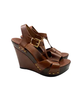 Carvela Brown Leather Wedge Sandals with Gold Stud Detailing