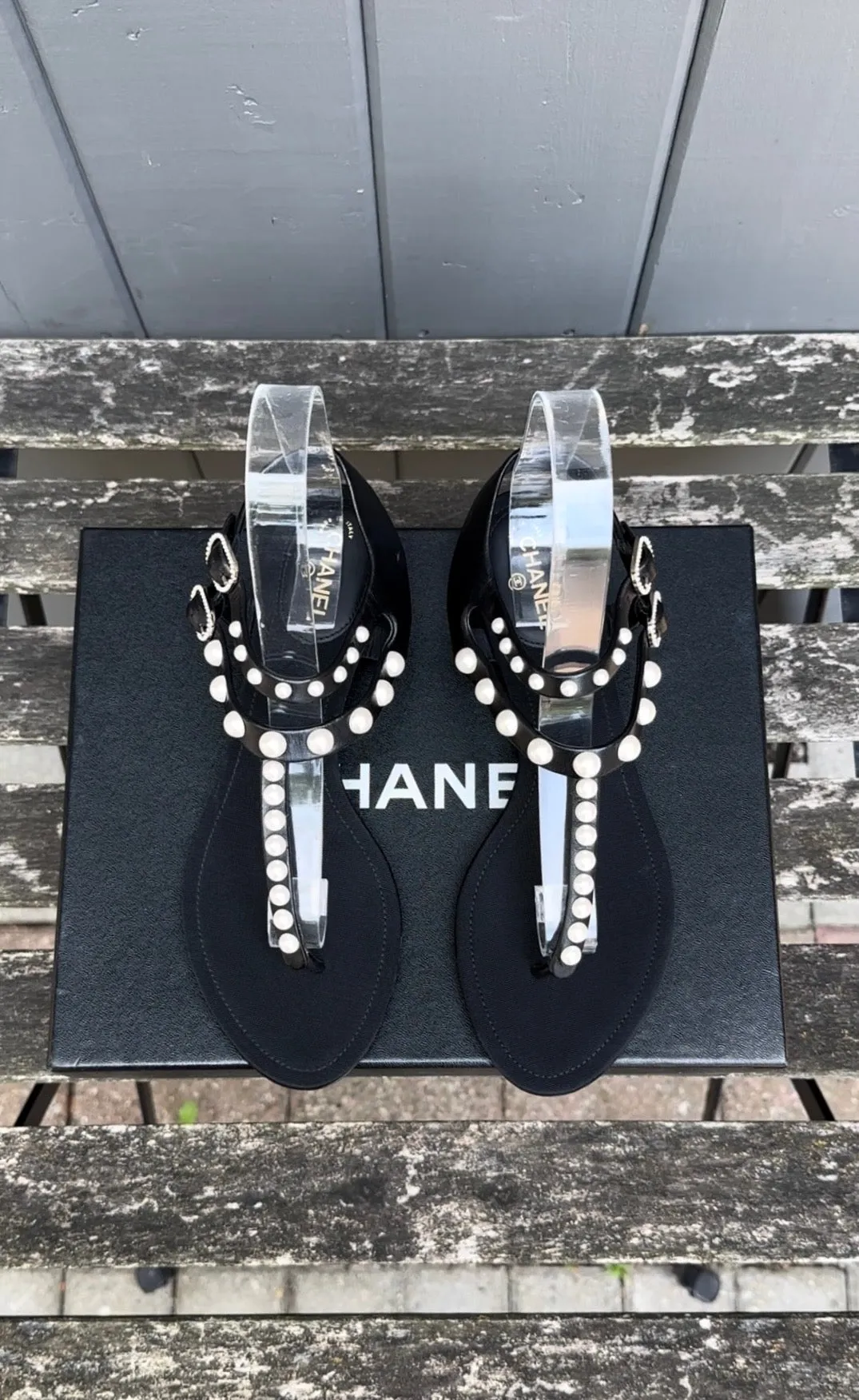 CHANEL Pearl Embellished Lambskin Thong Sandals