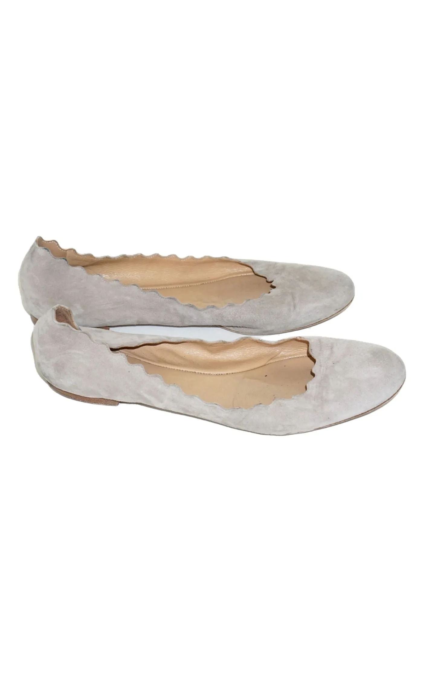 CHLOE Lauren Scalloped Grey Suede Ballerina Flats