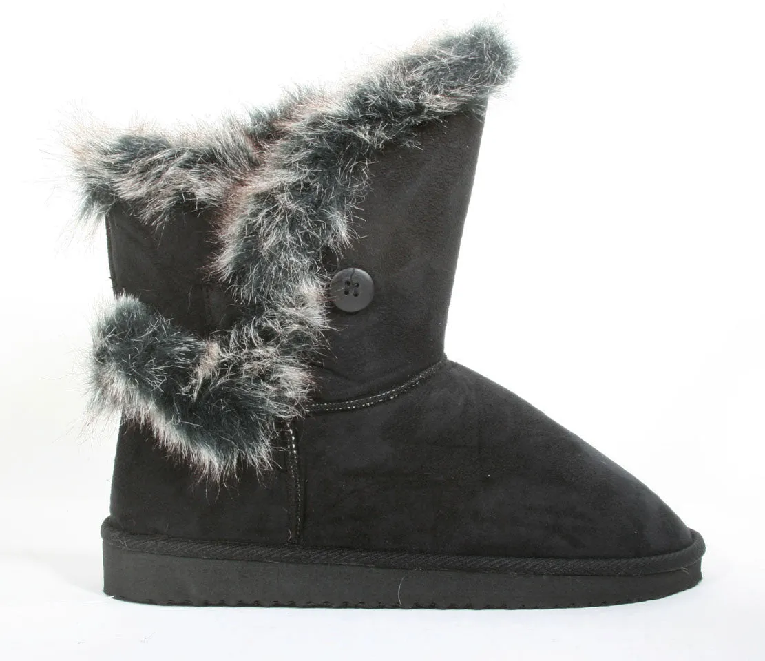 Furry Round Toe Button Ankle Vegan Bootie Black