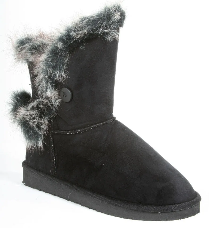 Furry Round Toe Button Ankle Vegan Bootie Black