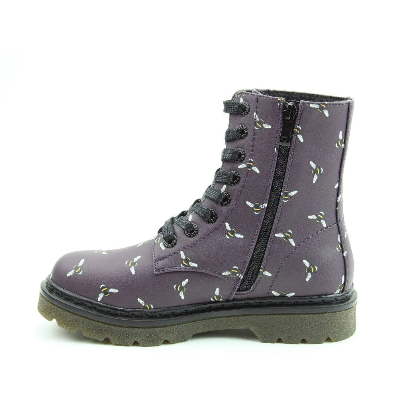 Heavenly Feet Justina 2 New Bee Print Ladies Purple Vegan Zip & Lace Ankle Boots