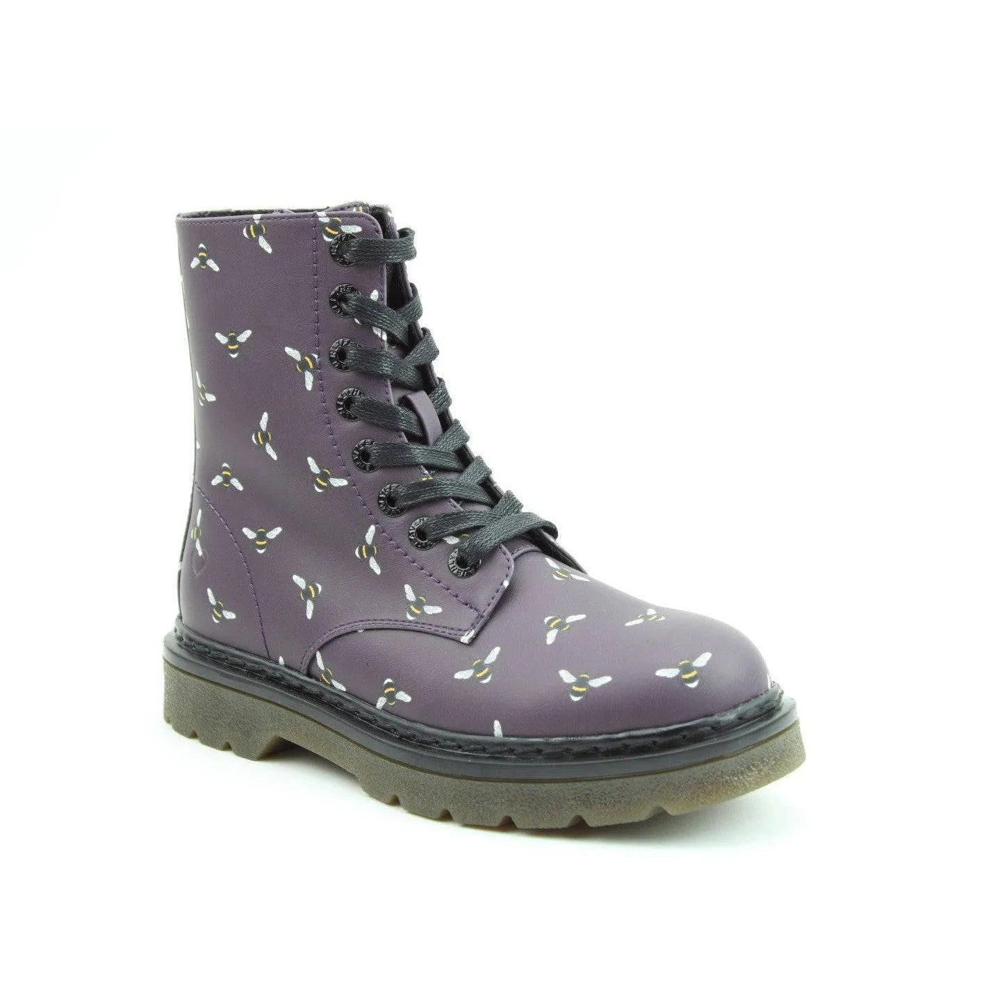 Heavenly Feet Justina 2 New Bee Print Ladies Purple Vegan Zip & Lace Ankle Boots