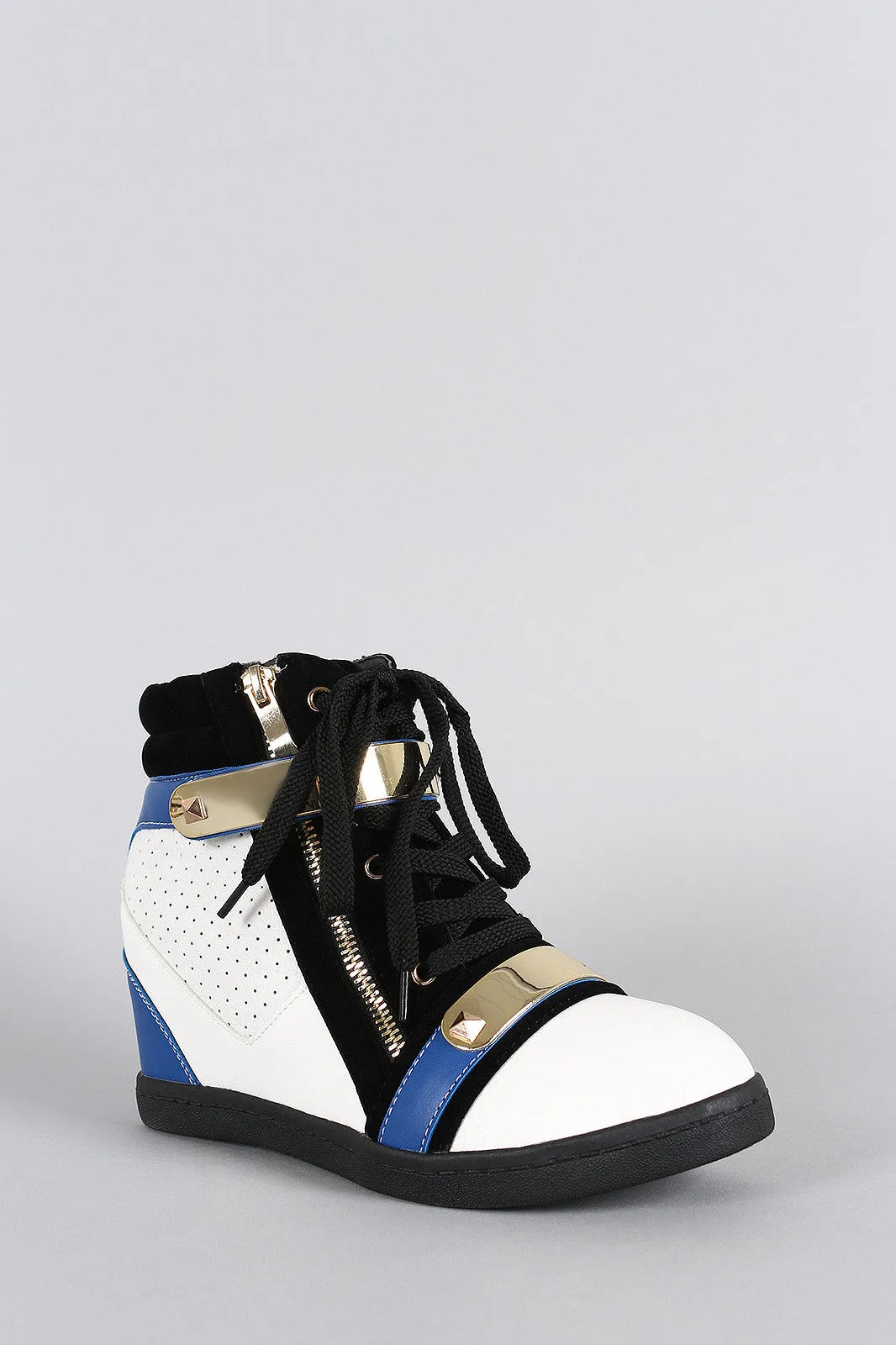 Liliana Colorblock Zipper Perforated High Top Lace Up Wedge Sneaker