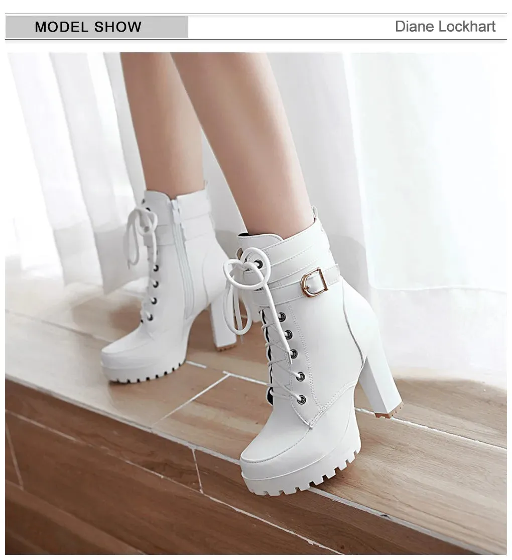 Motorcycle High Heels Ankle Buckle Boots