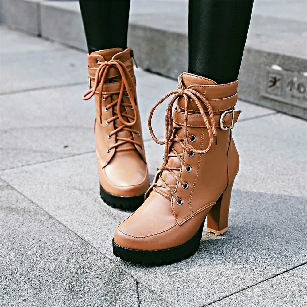 Motorcycle High Heels Ankle Buckle Boots