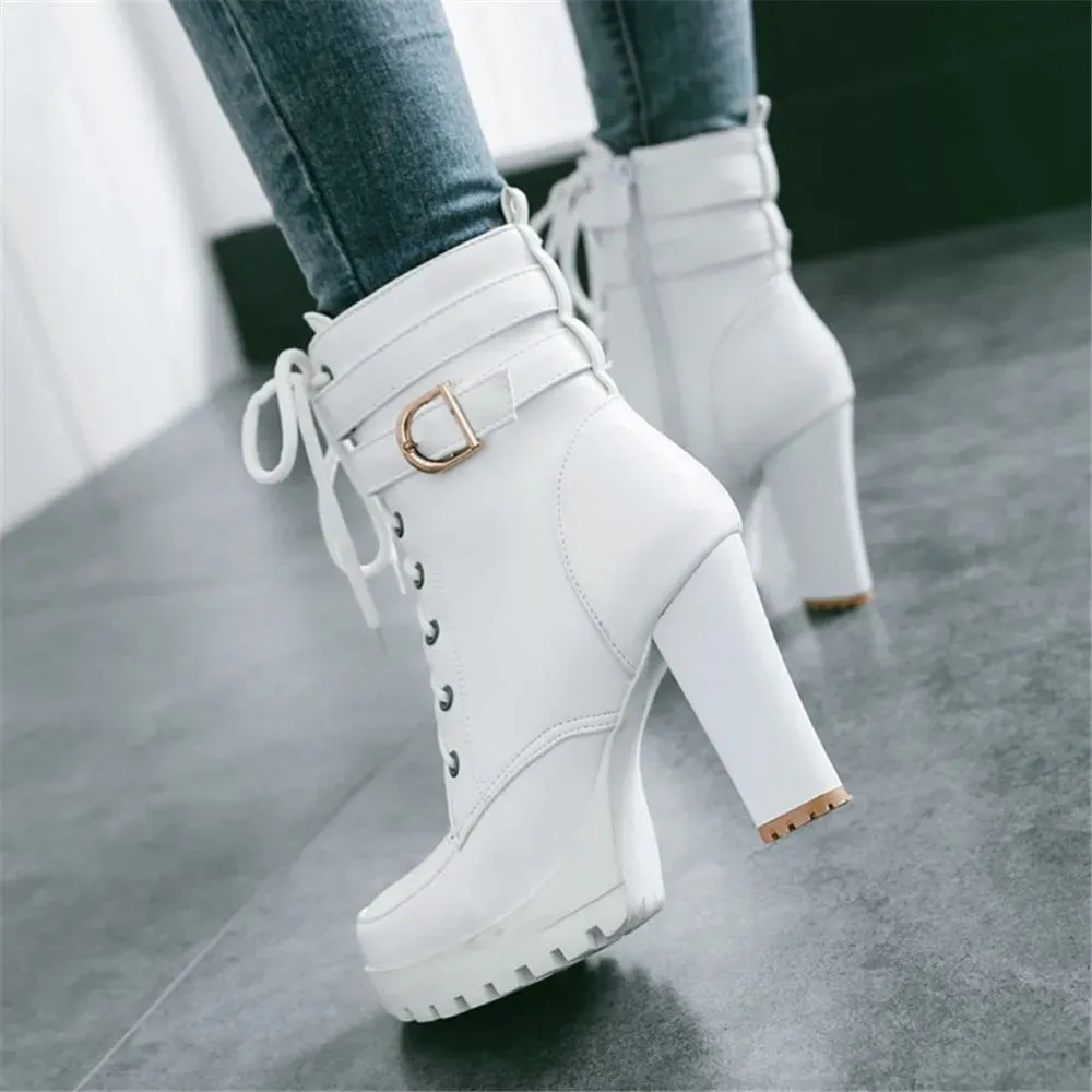 Motorcycle High Heels Ankle Buckle Boots