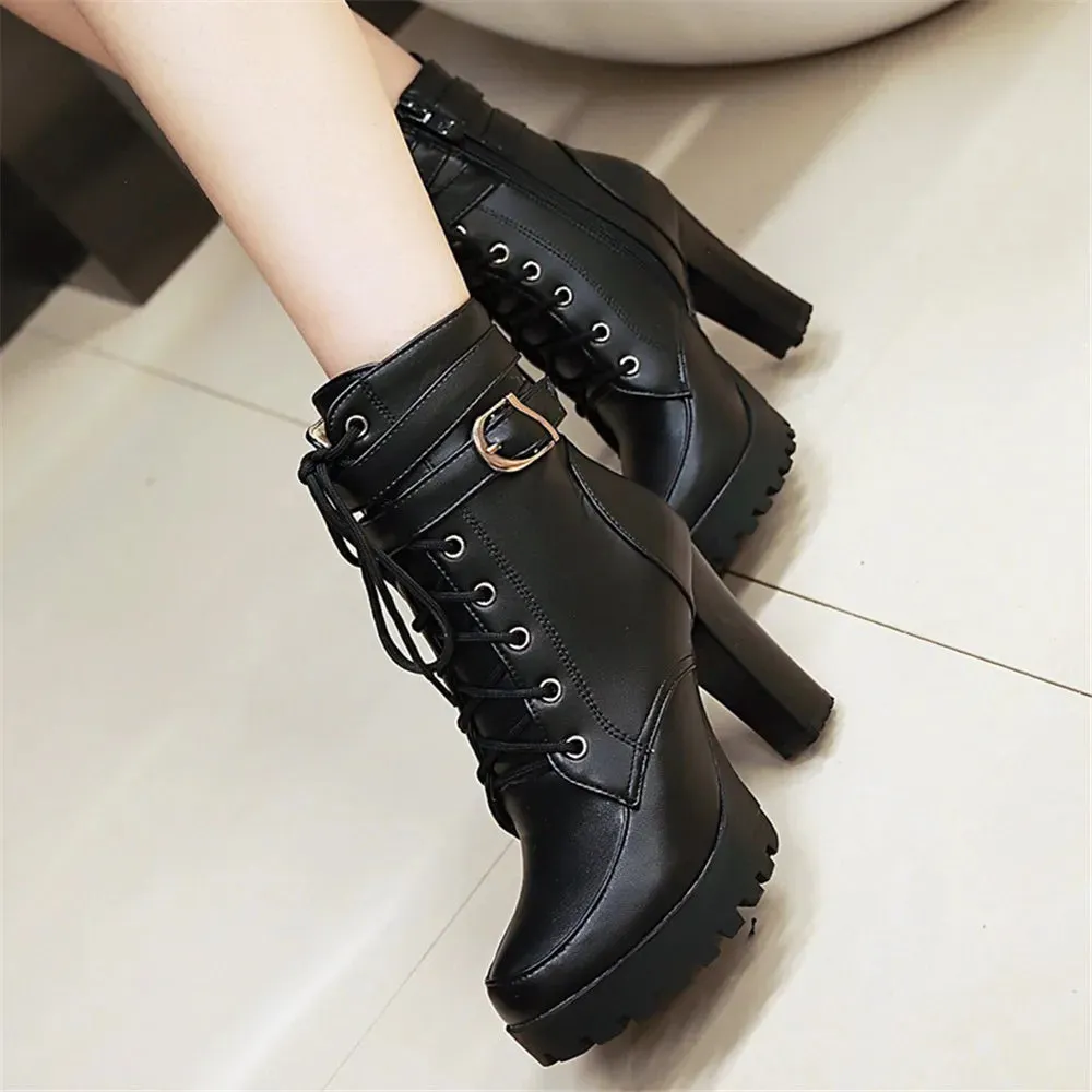 Motorcycle High Heels Ankle Buckle Boots