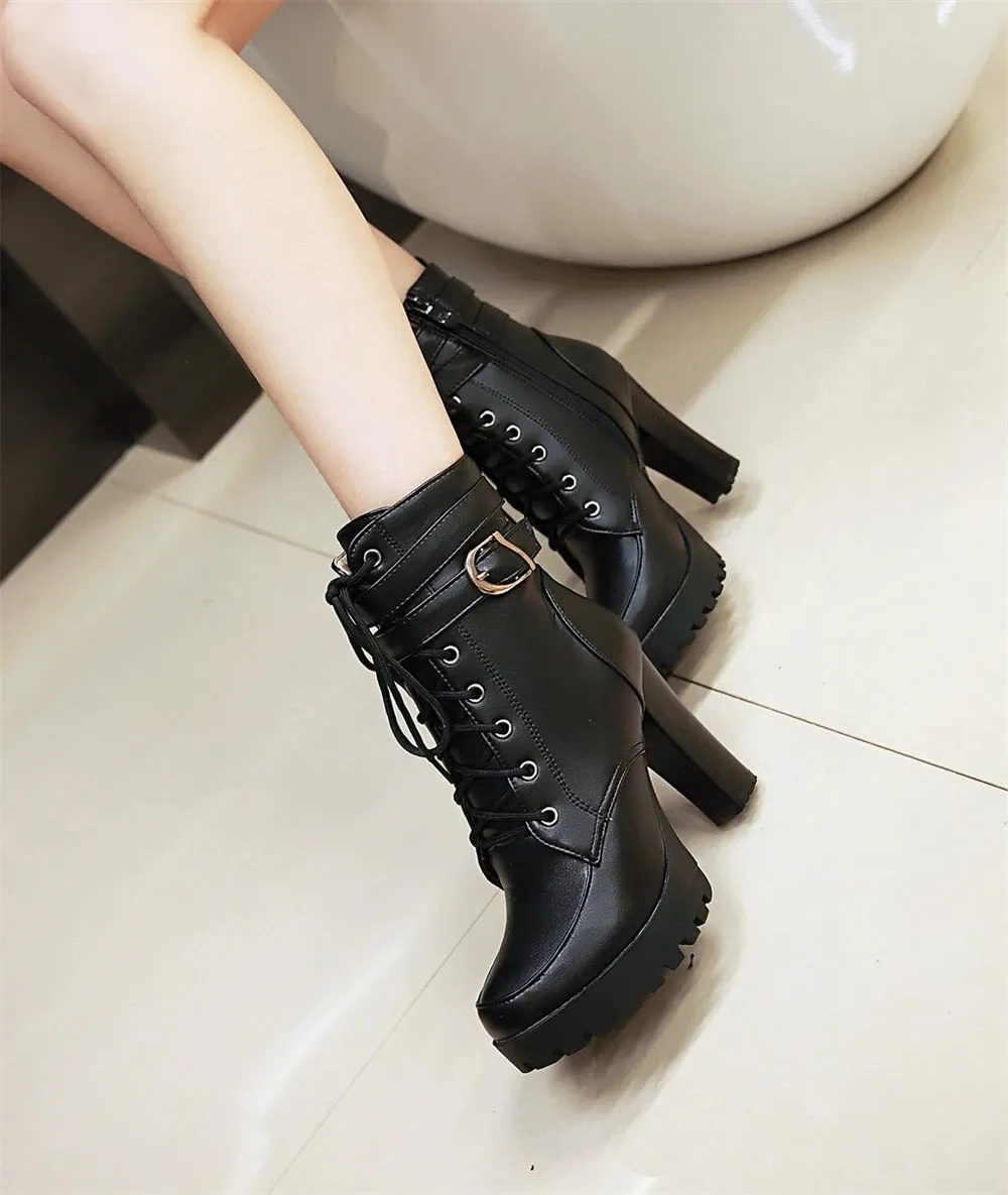 Motorcycle High Heels Ankle Buckle Boots