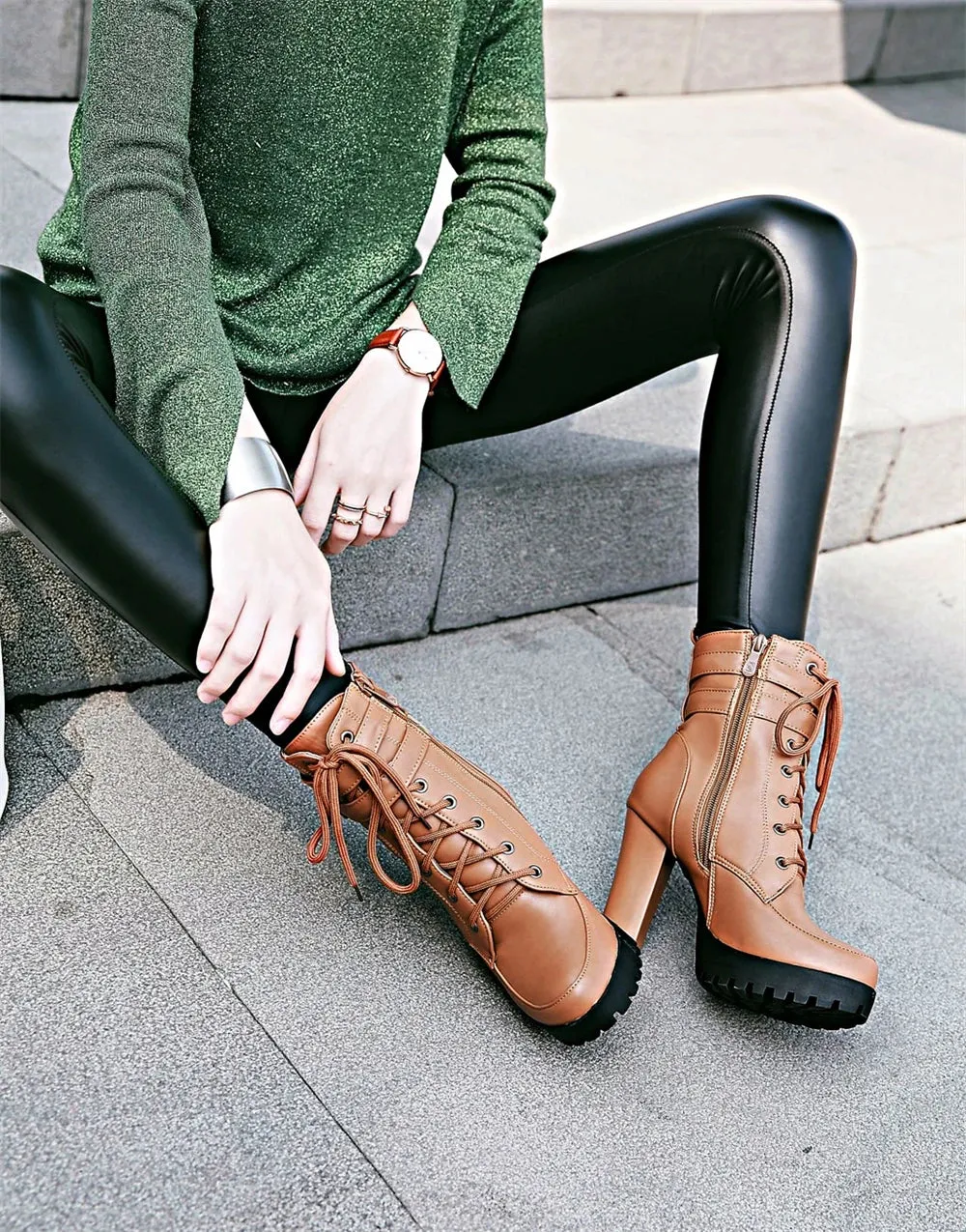 Motorcycle High Heels Ankle Buckle Boots