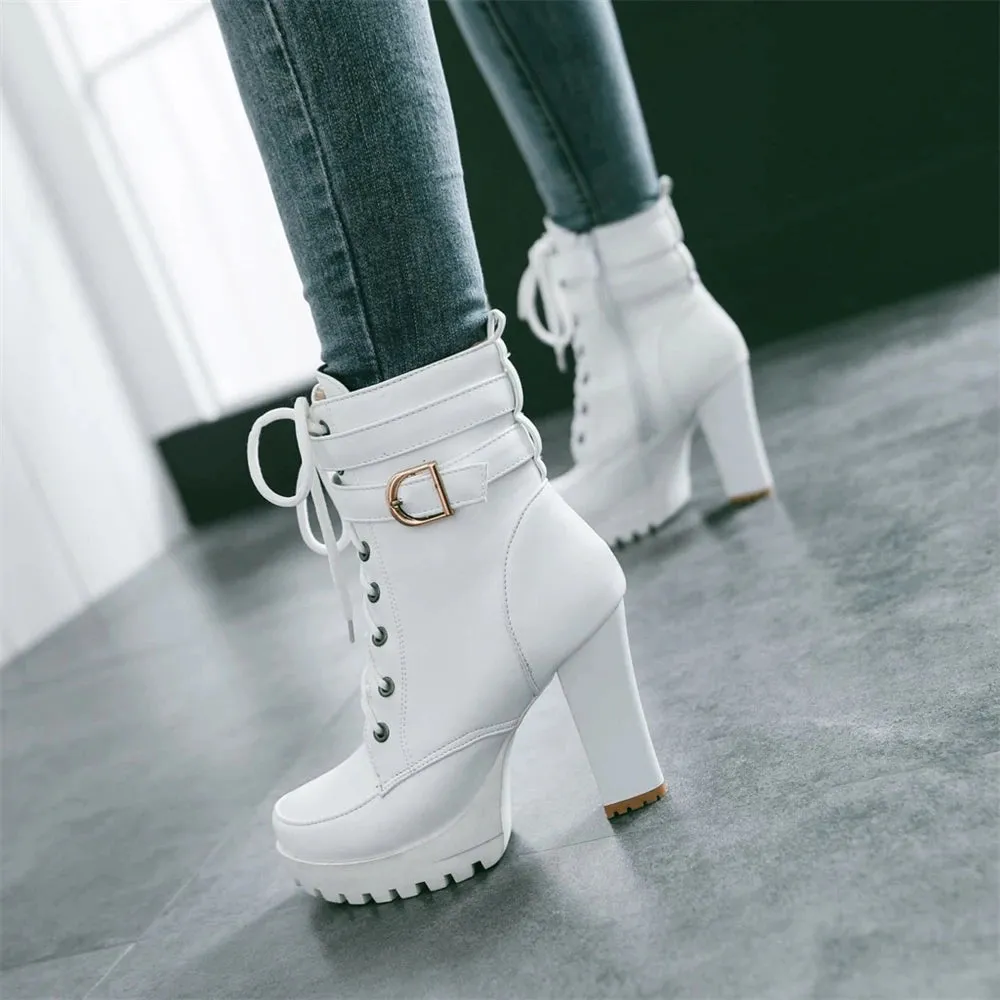 Motorcycle High Heels Ankle Buckle Boots