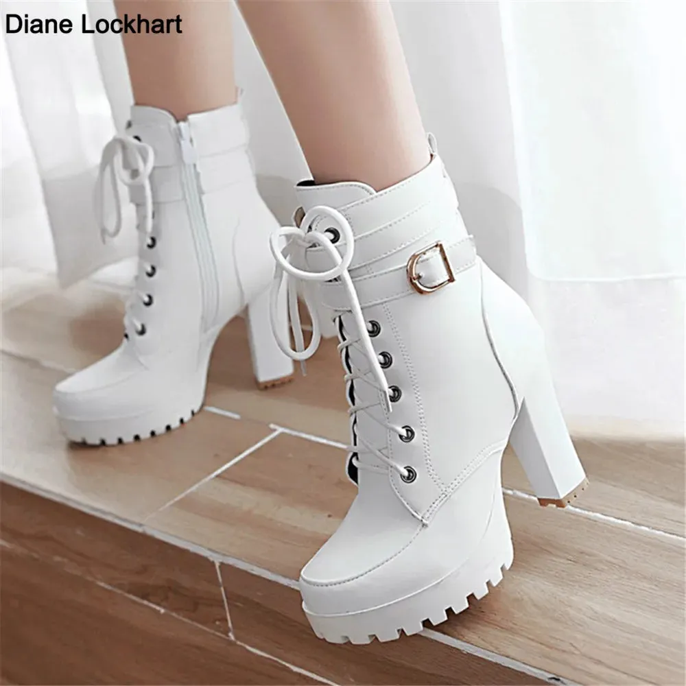 Motorcycle High Heels Ankle Buckle Boots