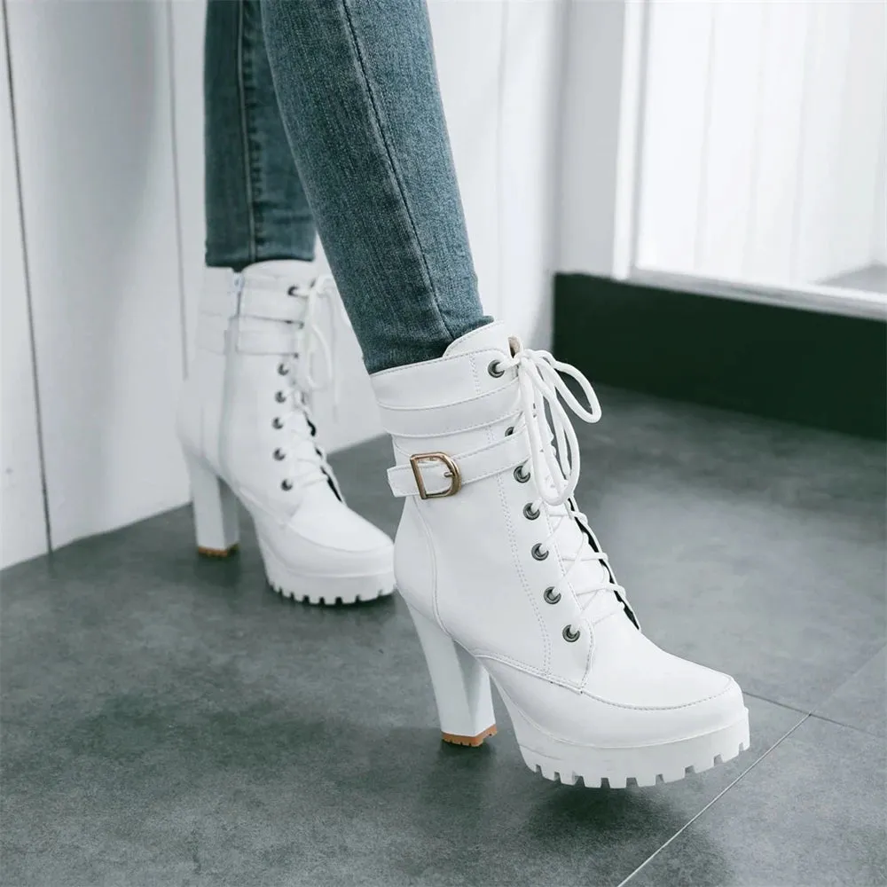 Motorcycle High Heels Ankle Buckle Boots