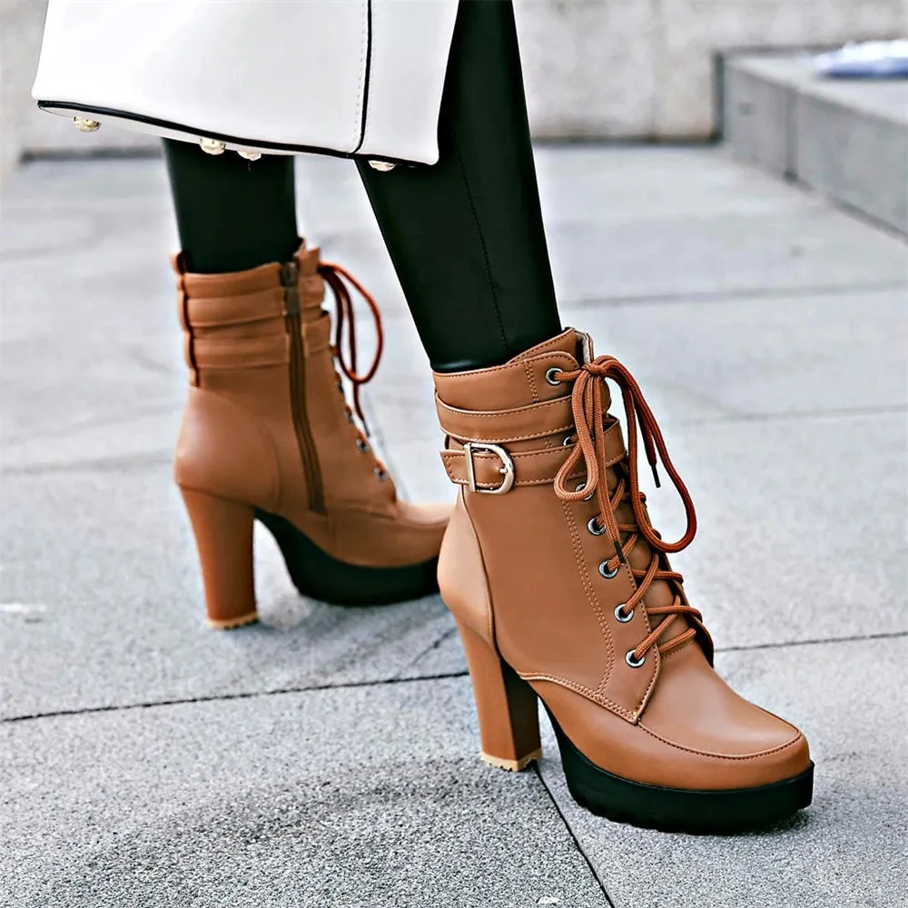 Motorcycle High Heels Ankle Buckle Boots