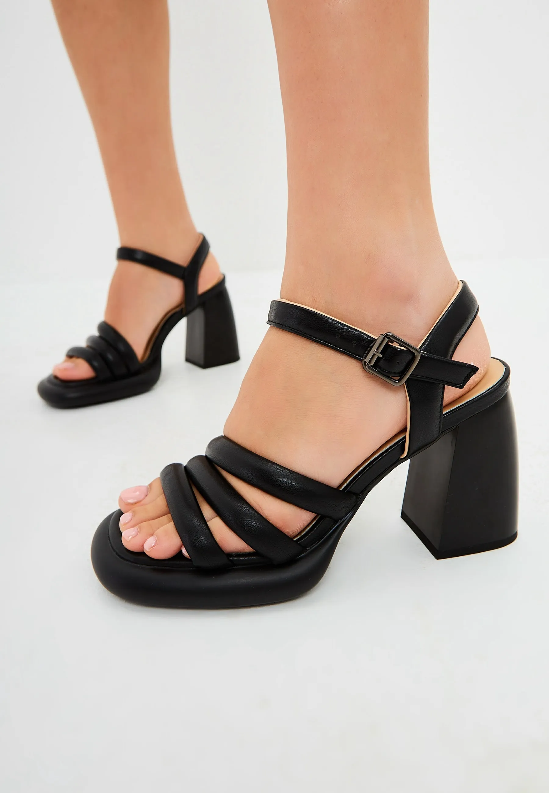 Open Toe Block Heeled Sandals - Black