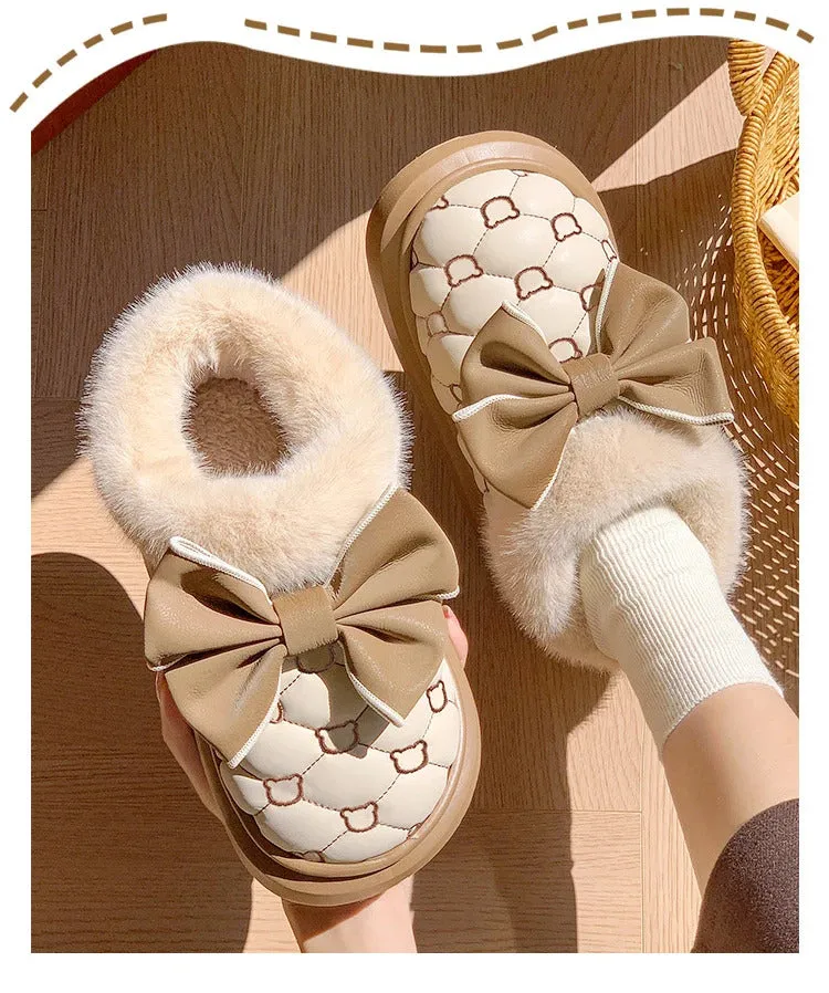 Platform Ankle Boots Female Bowknot Designer Winter Snow Booties Indoor Fluffy Slippers Women House Flats Fashion Footwear Warm