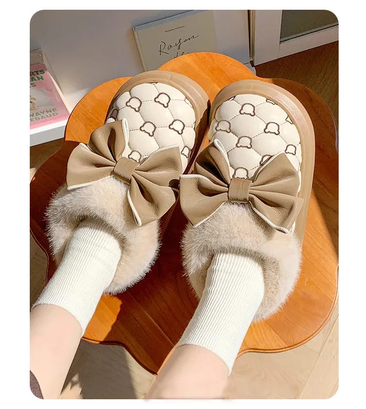 Platform Ankle Boots Female Bowknot Designer Winter Snow Booties Indoor Fluffy Slippers Women House Flats Fashion Footwear Warm