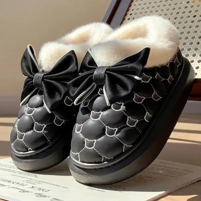 Platform Ankle Boots Female Bowknot Designer Winter Snow Booties Indoor Fluffy Slippers Women House Flats Fashion Footwear Warm