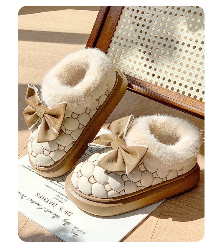 Platform Ankle Boots Female Bowknot Designer Winter Snow Booties Indoor Fluffy Slippers Women House Flats Fashion Footwear Warm