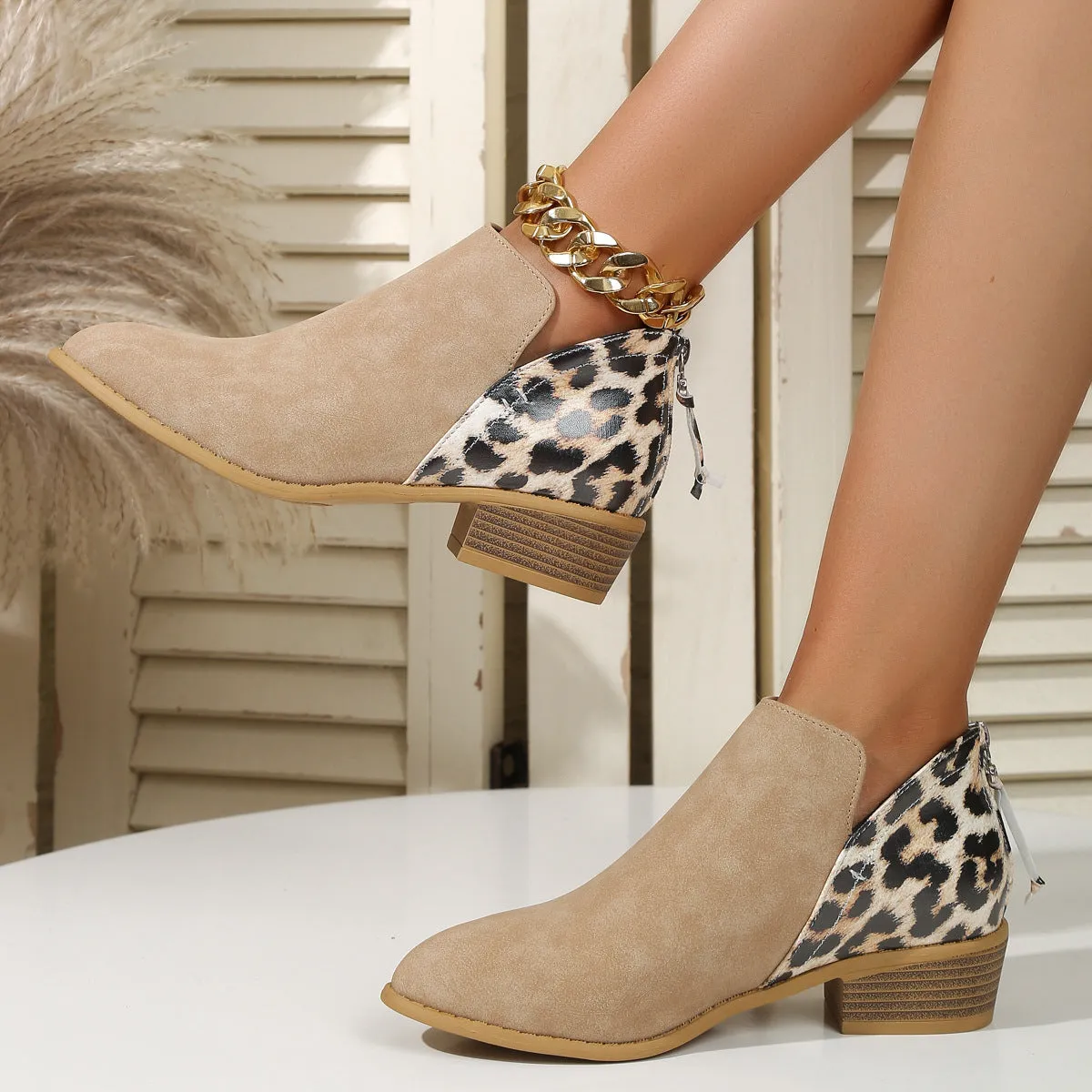 Pointed Toe Leopard Print Boots with Back Zipper