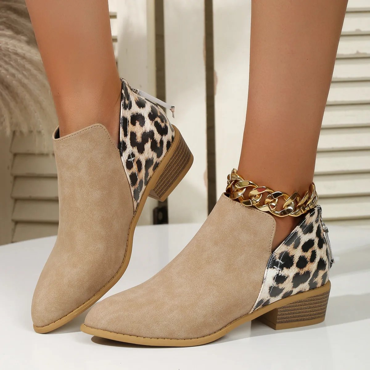 Pointed Toe Leopard Print Boots with Back Zipper