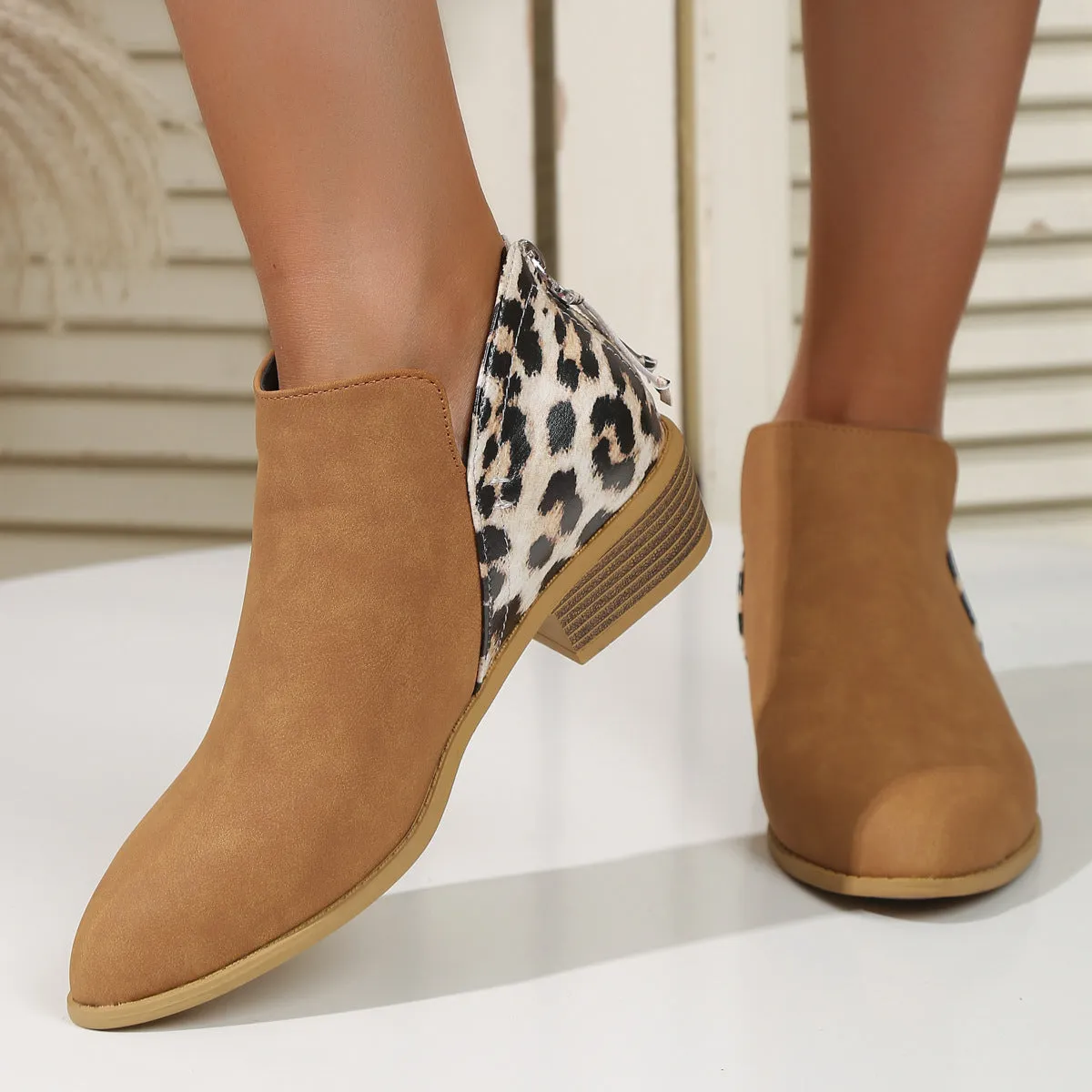 Pointed Toe Leopard Print Boots with Back Zipper