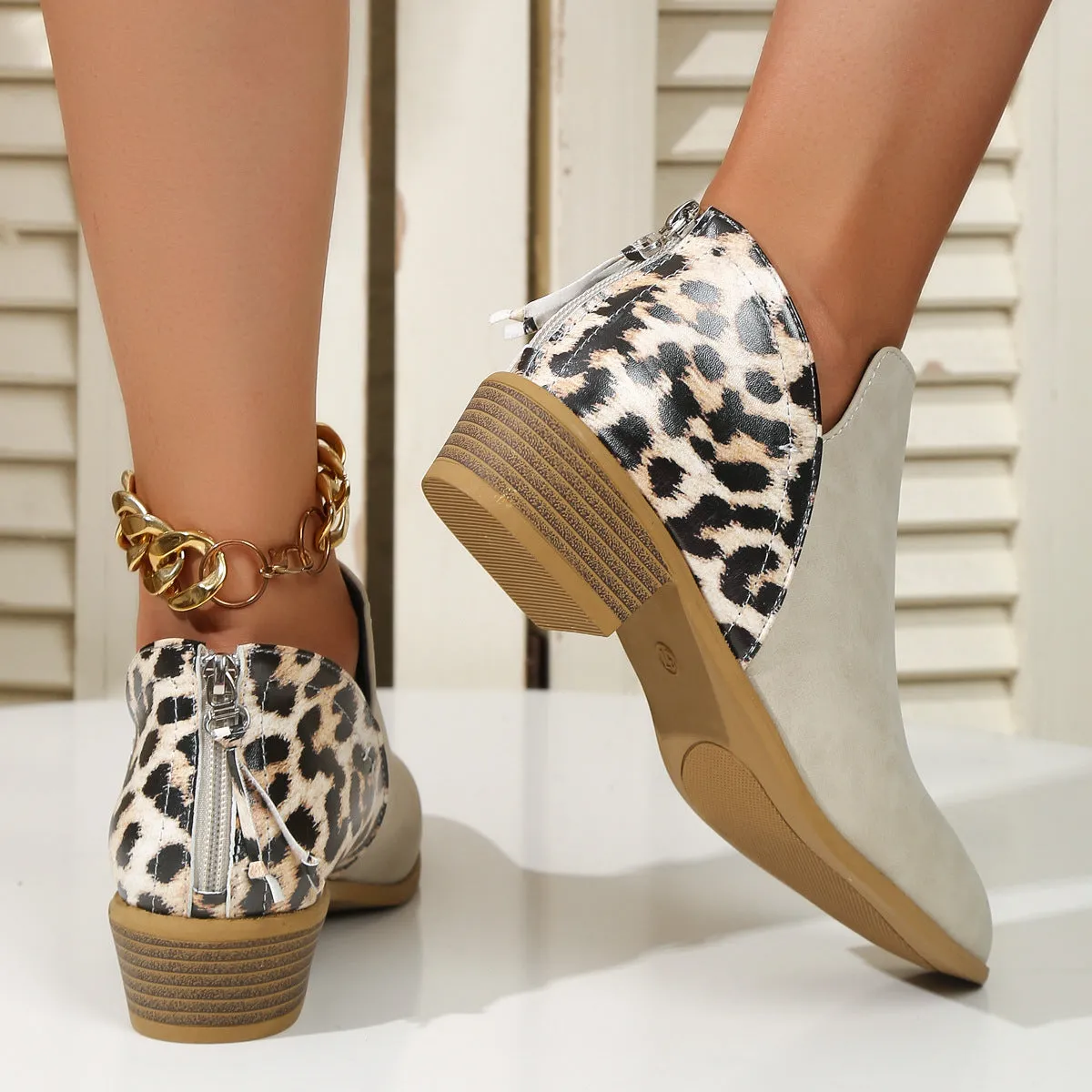 Pointed Toe Leopard Print Boots with Back Zipper